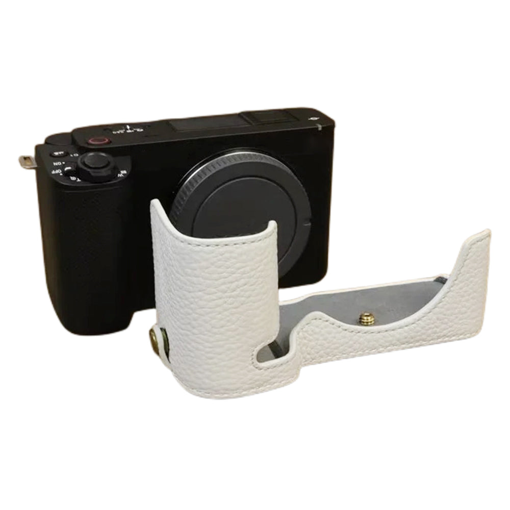 Uniqkart for Sony ZV-E1 Half Body Cover Genuine Cow Leather Camera Bottom Case with Battery Opening - White
