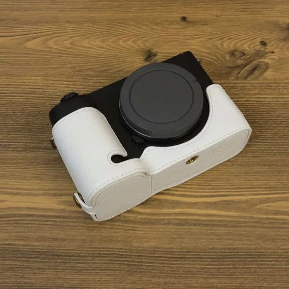 Uniqkart for Sony ZV-E1 Half Body Cover Genuine Cow Leather Camera Bottom Case with Battery Opening - White