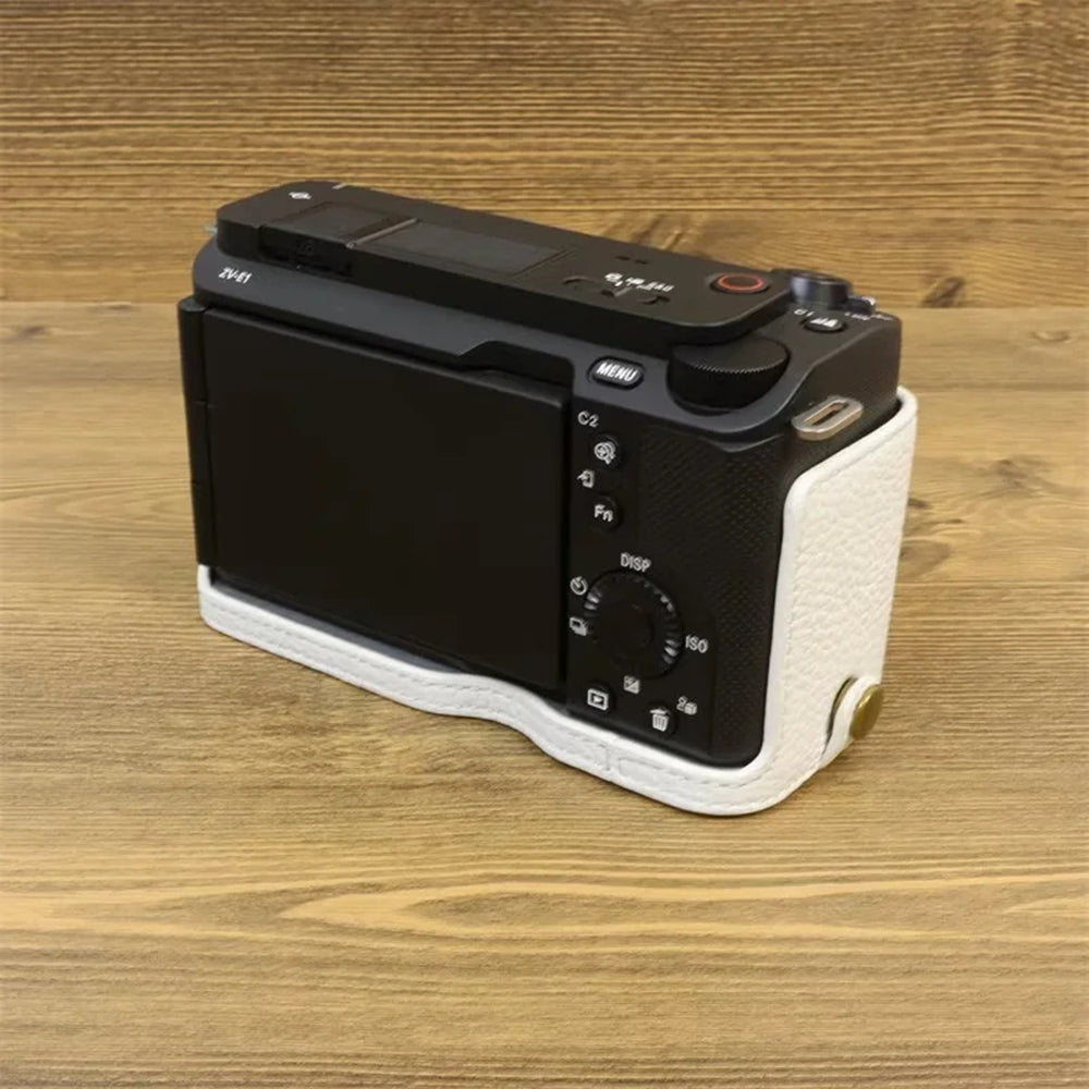 Uniqkart for Sony ZV-E1 Half Body Cover Genuine Cow Leather Camera Bottom Case with Battery Opening - White