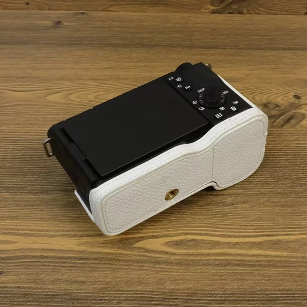 Uniqkart for Sony ZV-E1 Half Body Cover Genuine Cow Leather Camera Bottom Case with Battery Opening - White