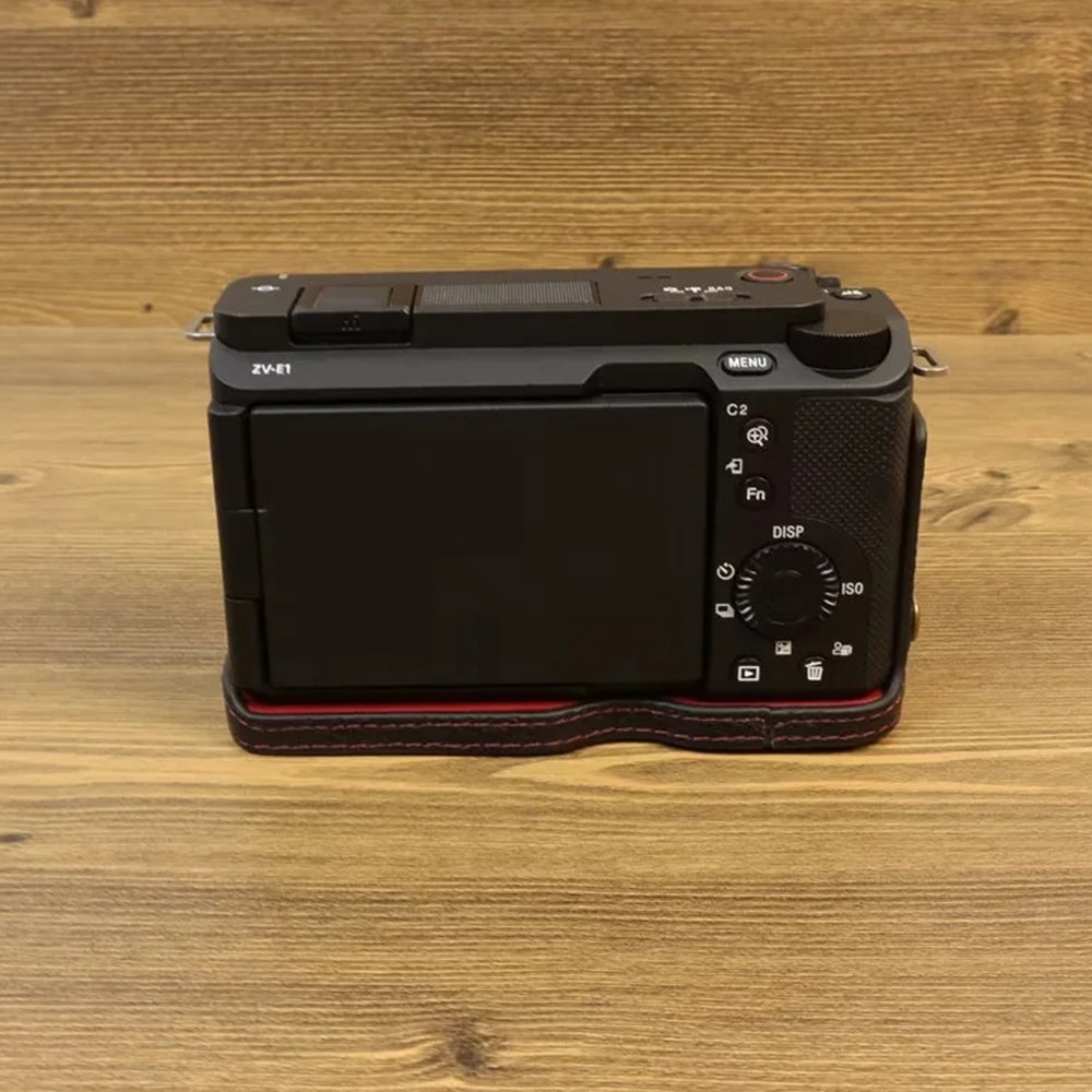 Uniqkart for Sony ZV-E1 Half Body Cover Genuine Cow Leather Camera Bottom Case with Battery Opening - Black