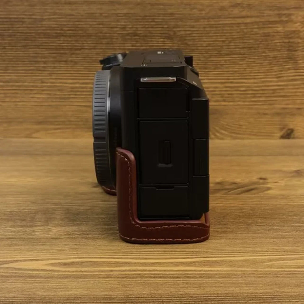 Uniqkart for Sony ZV-E1 Half Body Cover Genuine Cow Leather Camera Bottom Case with Battery Opening - Coffee