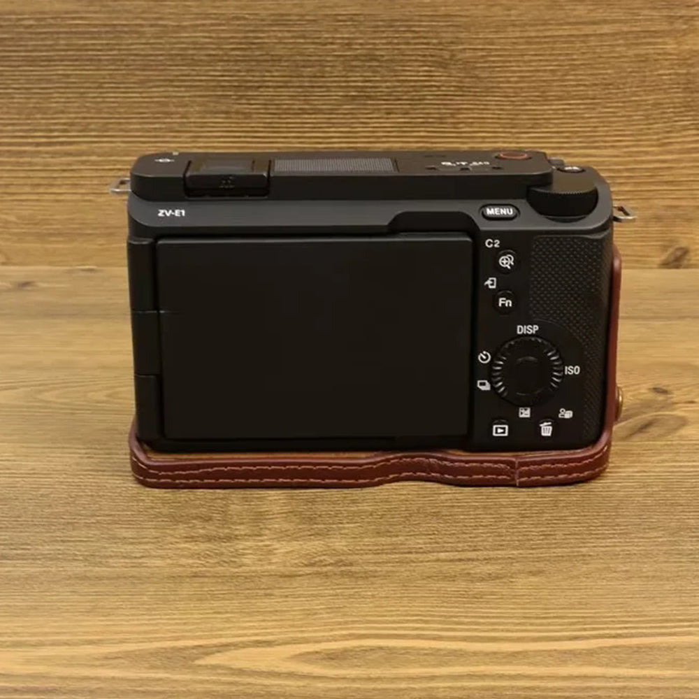 Uniqkart for Sony ZV-E1 Half Body Cover Genuine Cow Leather Camera Bottom Case with Battery Opening - Coffee