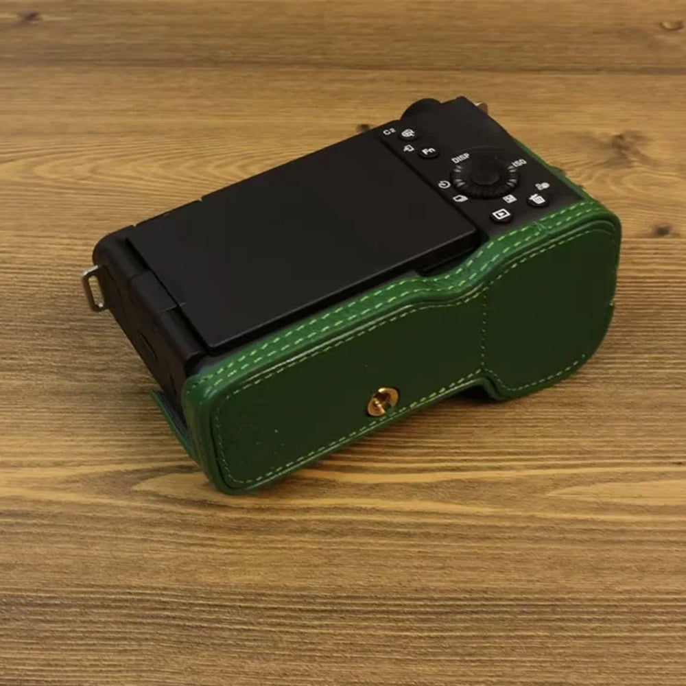 Uniqkart for Sony ZV-E1 Half Body Cover Genuine Cow Leather Camera Bottom Case with Battery Opening - Green