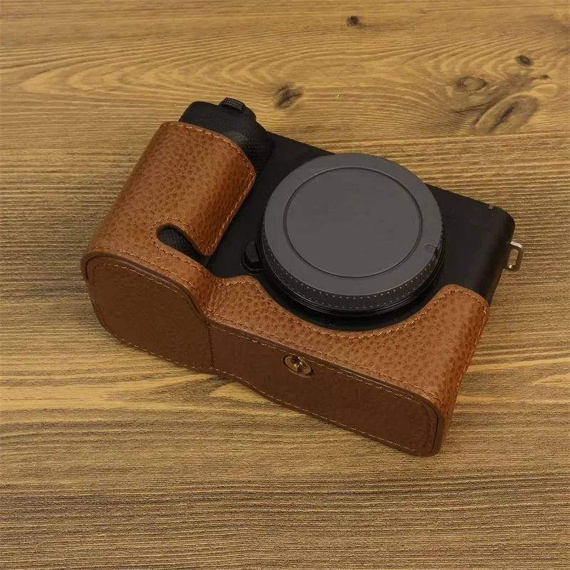 Uniqkart for Sony ZV-E1 Half Body Cover Genuine Cow Leather Camera Bottom Case with Battery Opening - Brown