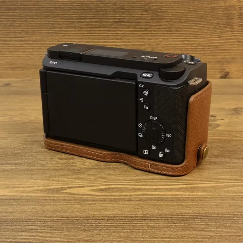 Uniqkart for Sony ZV-E1 Half Body Cover Genuine Cow Leather Camera Bottom Case with Battery Opening - Brown