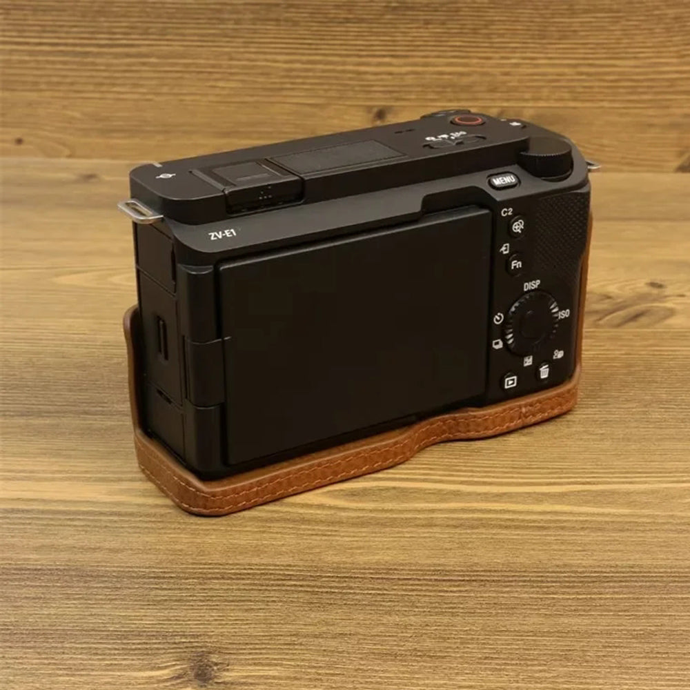 Uniqkart for Sony ZV-E1 Half Body Cover Genuine Cow Leather Camera Bottom Case with Battery Opening - Brown