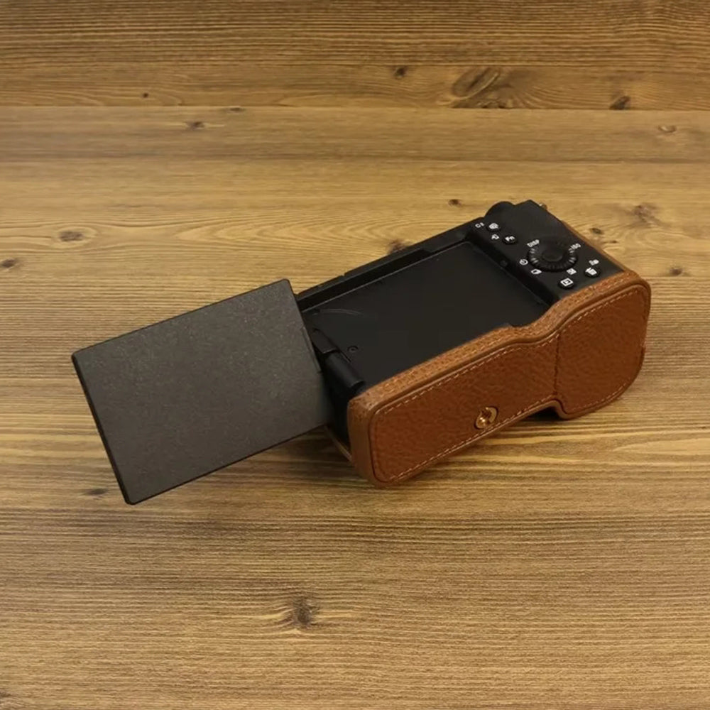 Uniqkart for Sony ZV-E1 Half Body Cover Genuine Cow Leather Camera Bottom Case with Battery Opening - Brown