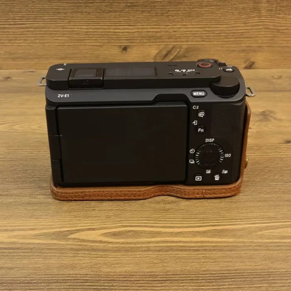 Uniqkart for Sony ZV-E1 Half Body Cover Genuine Cow Leather Camera Bottom Case with Battery Opening - Brown