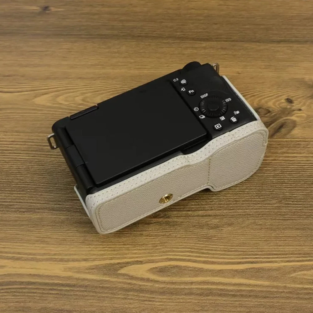 Uniqkart for Sony ZV-E1 Battery Opening Design PU Leather Camera Bottom Cover Half Body Case with Hand Strap - Grey White