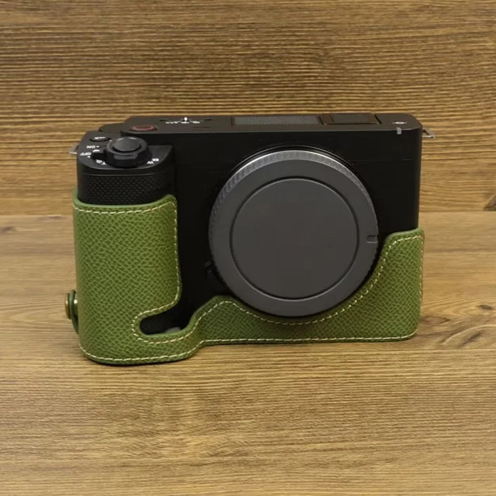 Uniqkart for Sony ZV-E1 Battery Opening Design PU Leather Camera Bottom Cover Half Body Case with Hand Strap - Green