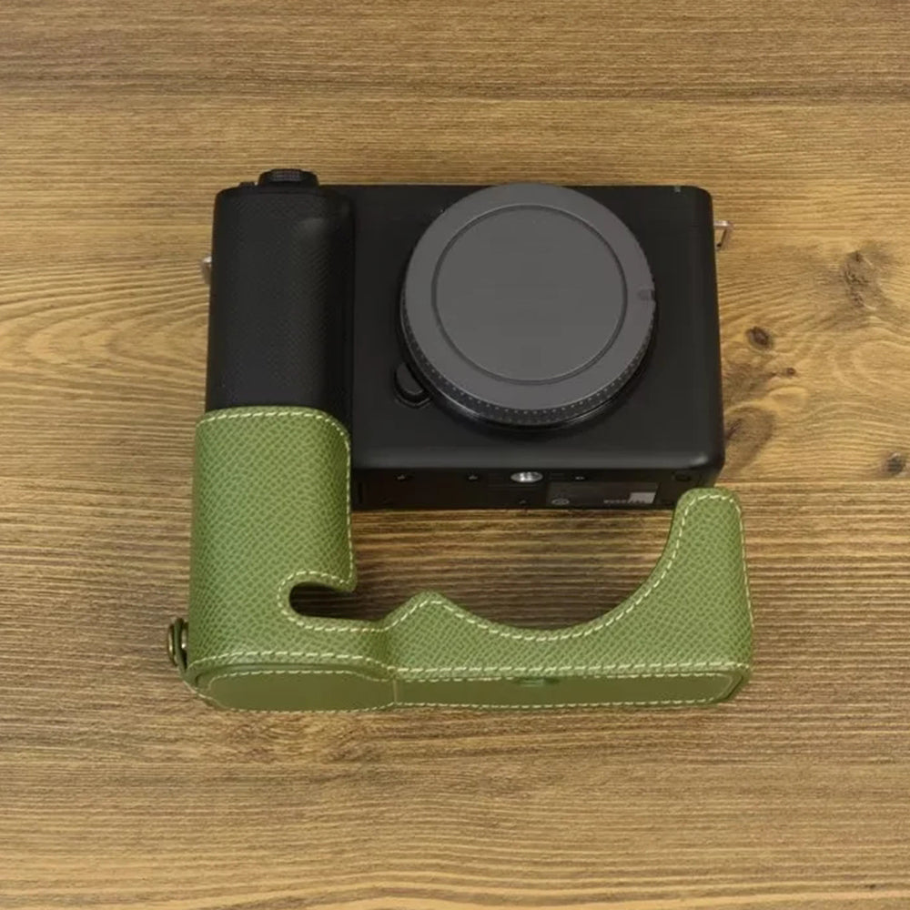 Uniqkart for Sony ZV-E1 Battery Opening Design PU Leather Camera Bottom Cover Half Body Case with Hand Strap - Green