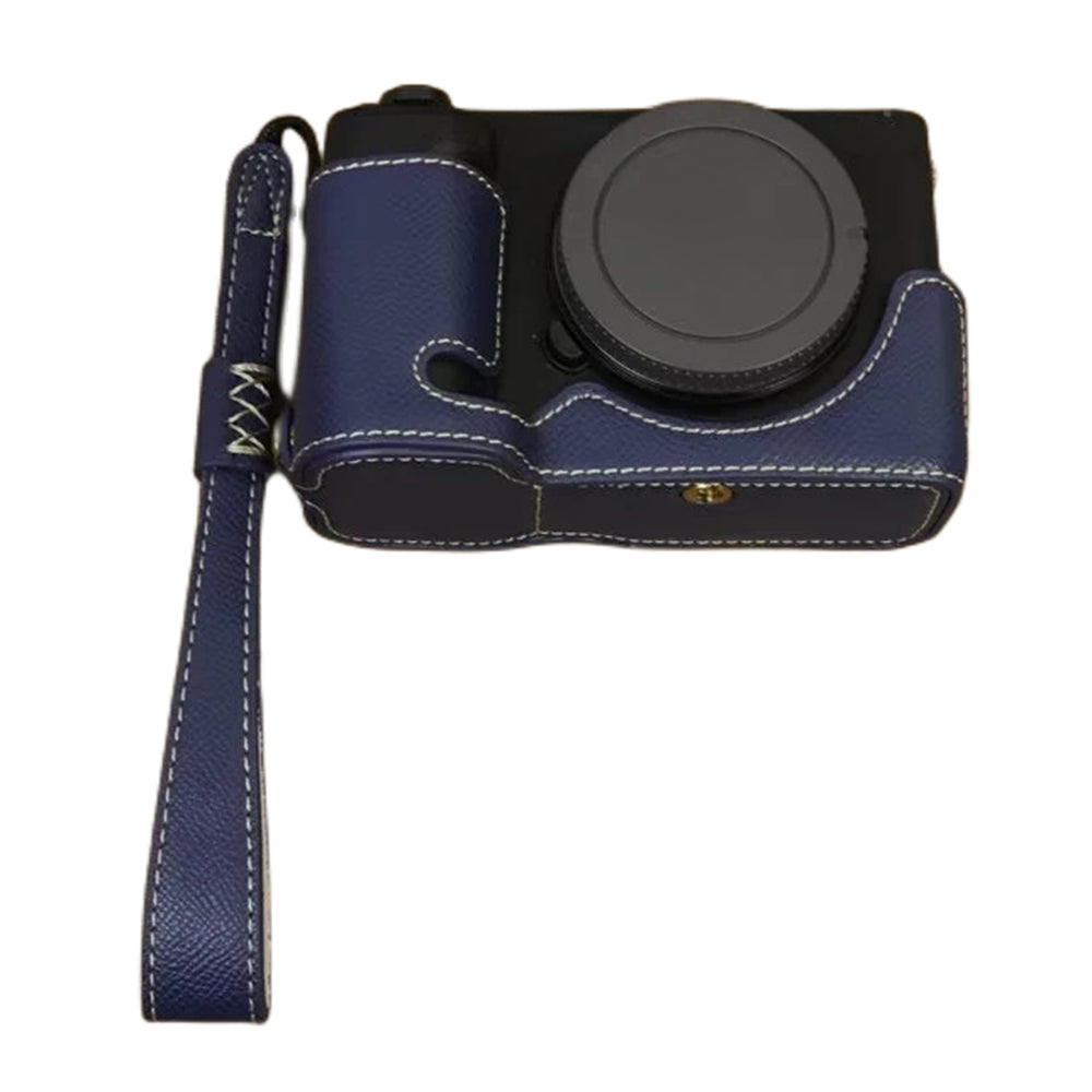 Uniqkart for Sony ZV-E1 Battery Opening Design PU Leather Camera Bottom Cover Half Body Case with Hand Strap - Dark Blue