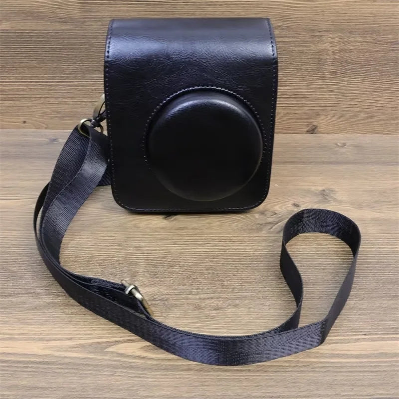 Uniqkart for Fujifilm Instax Mini 12 PU Leather Camera Bag Protective Cover with Shoulder Strap - Black