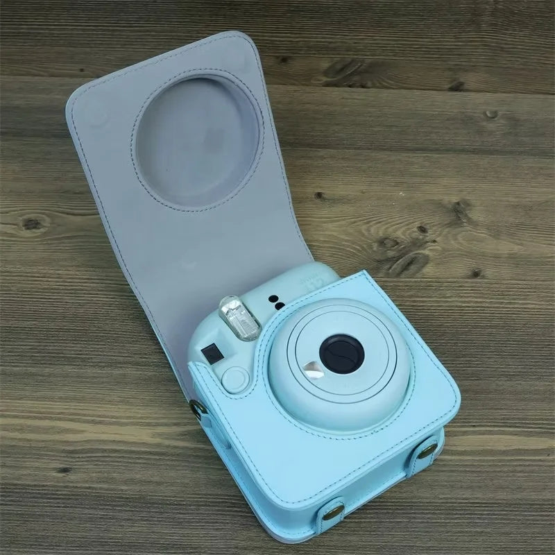 Uniqkart for Fujifilm Instax Mini 12 PU Leather Camera Bag Protective Cover with Shoulder Strap - Mint Green