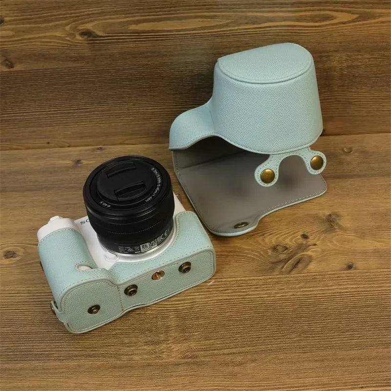 Uniqkart for Sony ZV-E1 PU Leather Camera Bag Battery Opening Protective Case with Small Bag - Light Blue