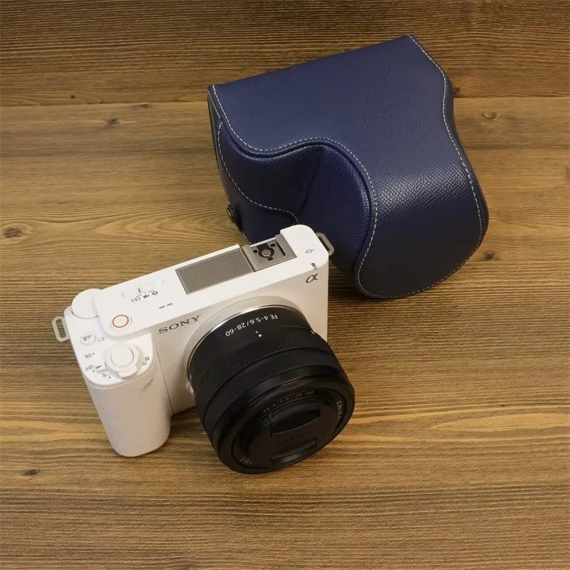 Uniqkart for Sony ZV-E1 PU Leather Camera Bag Battery Opening Protective Case with Small Bag - Sapphire