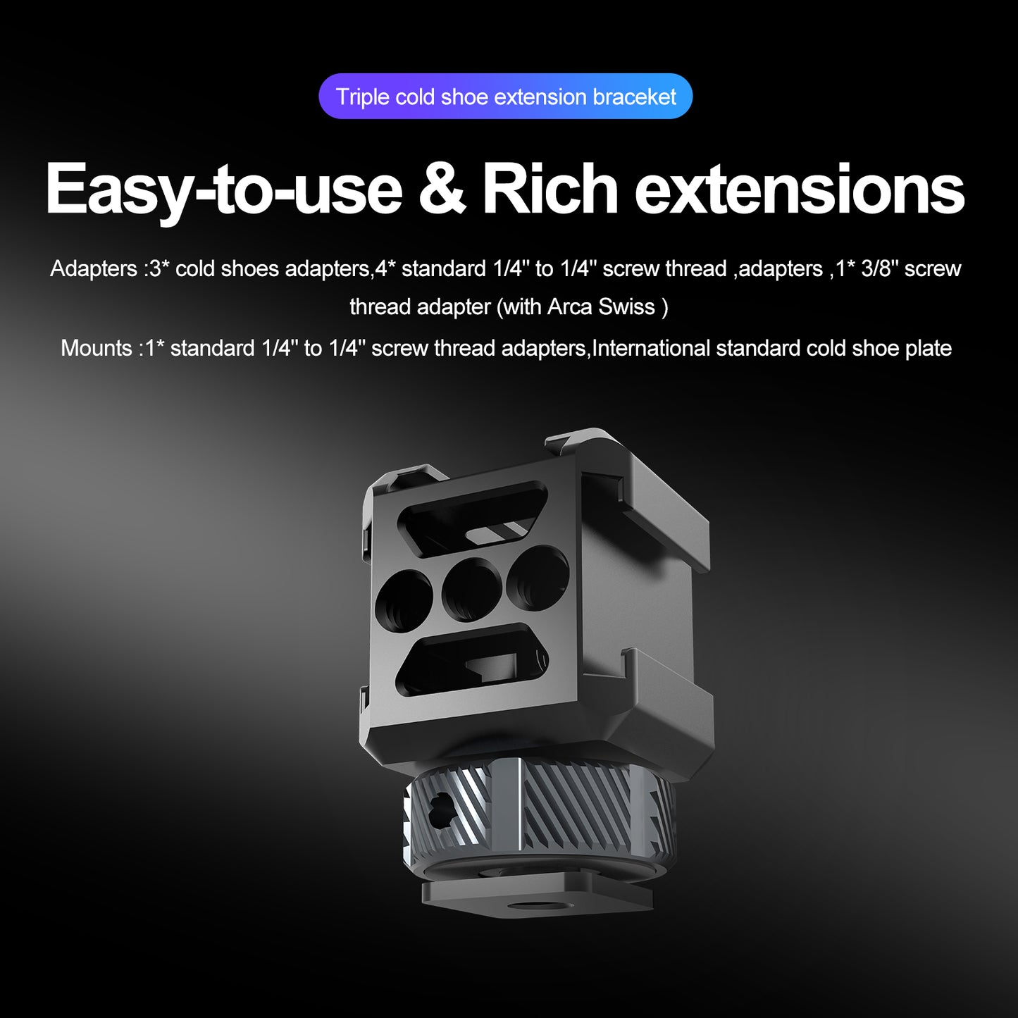 Uniqkart TE-CEB-001 1/4 Screw Hole Three-Head Cold Shoe Mount Adapter SLR Mirrorless Camera LED Light Monitor Expansion Bracket