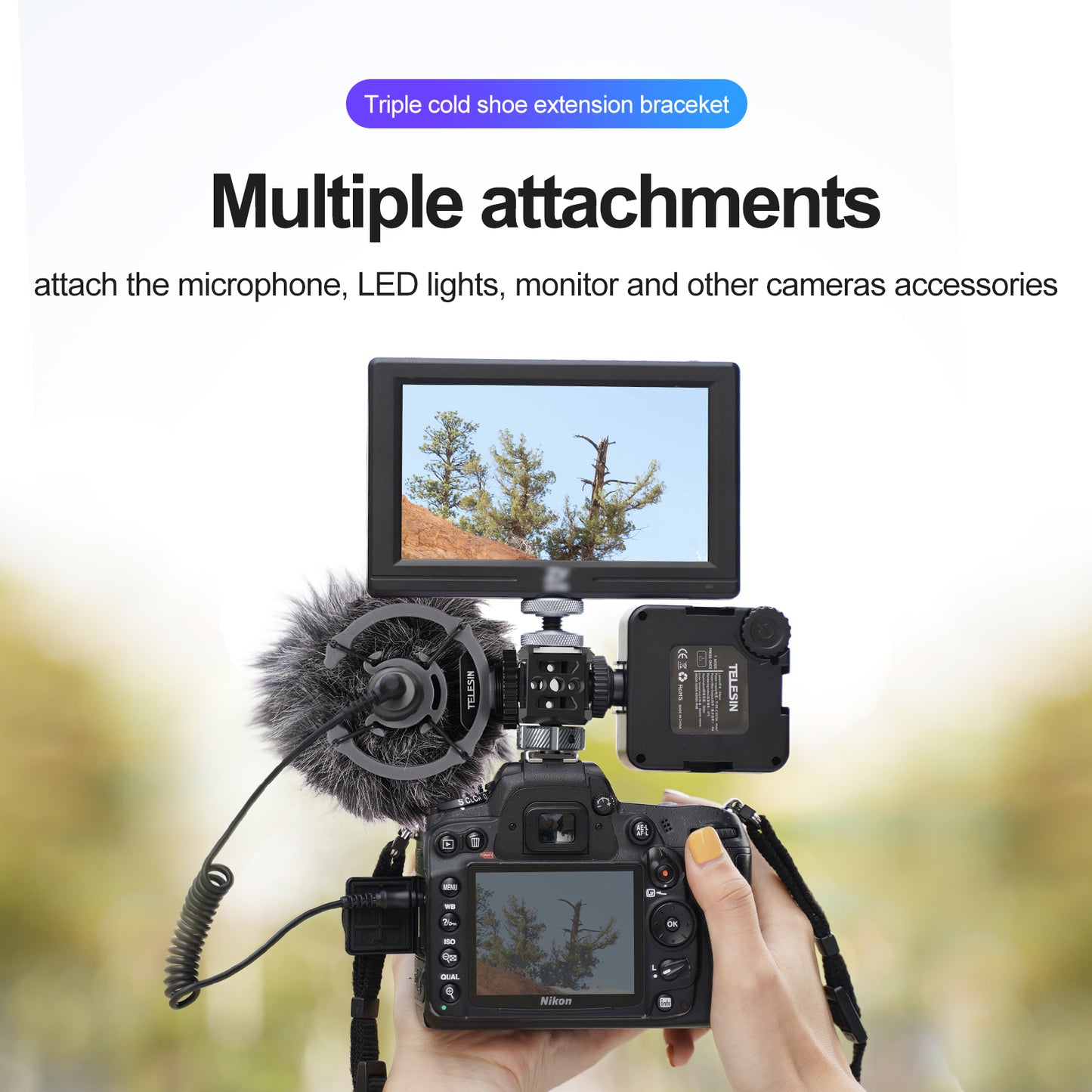 Uniqkart TE-CEB-001 1/4 Screw Hole Three-Head Cold Shoe Mount Adapter SLR Mirrorless Camera LED Light Monitor Expansion Bracket