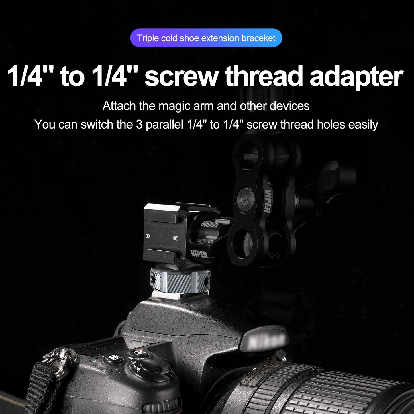 Uniqkart TE-CEB-001 1/4 Screw Hole Three-Head Cold Shoe Mount Adapter SLR Mirrorless Camera LED Light Monitor Expansion Bracket