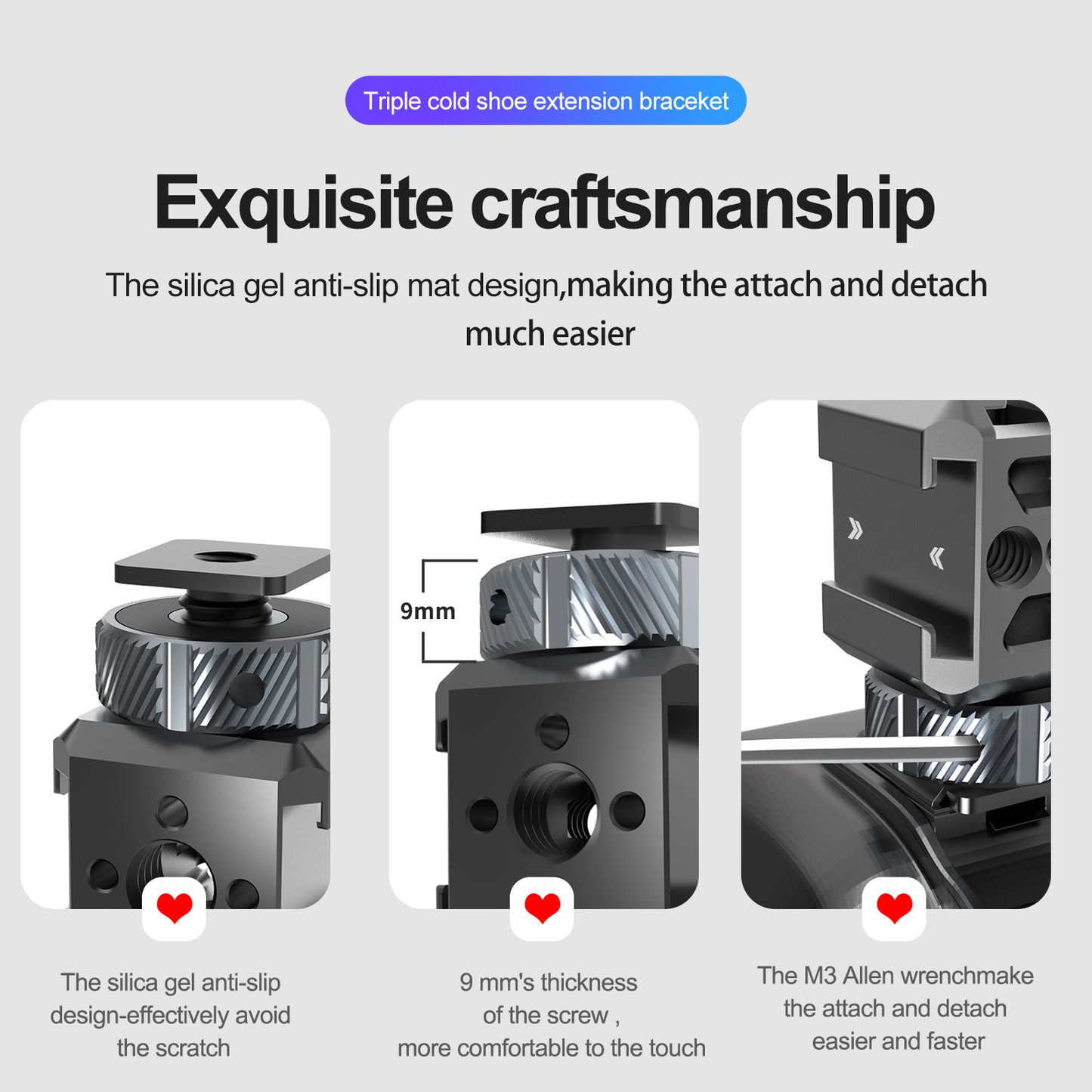 Uniqkart TE-CEB-001 1/4 Screw Hole Three-Head Cold Shoe Mount Adapter SLR Mirrorless Camera LED Light Monitor Expansion Bracket