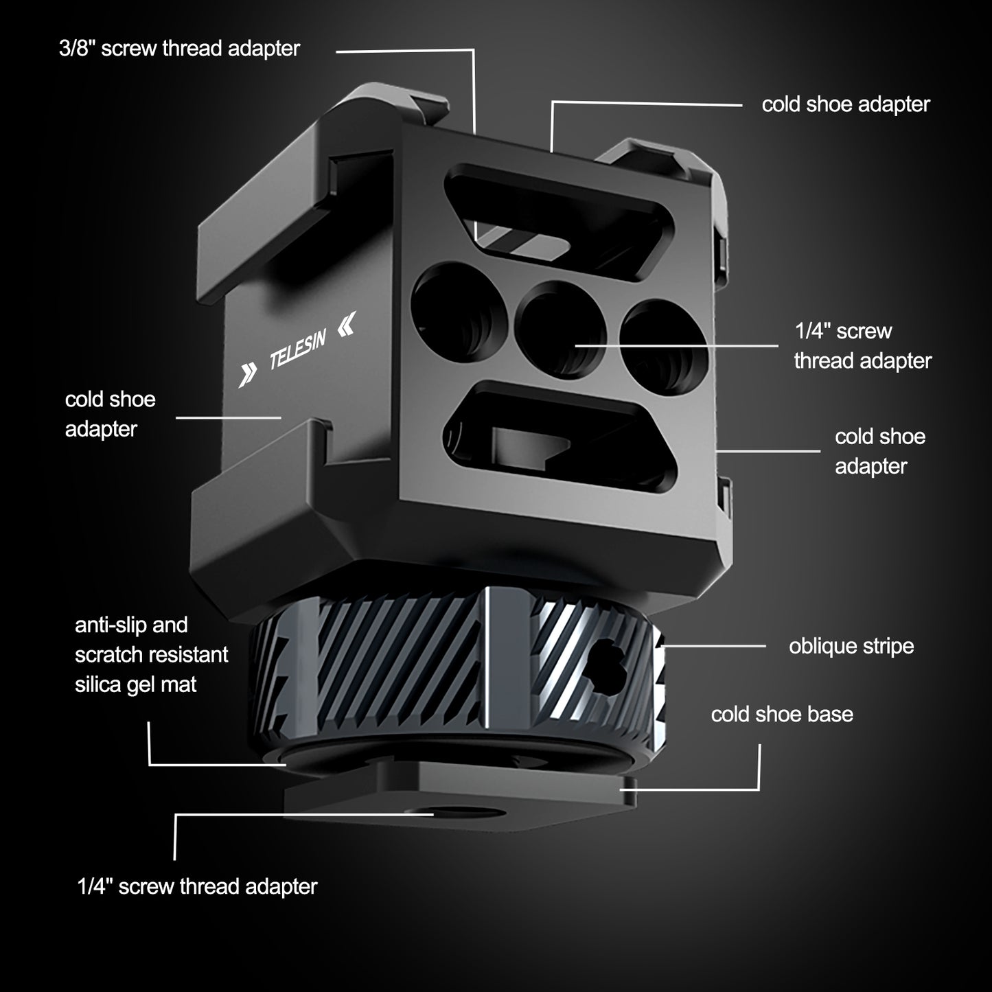 Uniqkart TE-CEB-001 1/4 Screw Hole Three-Head Cold Shoe Mount Adapter SLR Mirrorless Camera LED Light Monitor Expansion Bracket