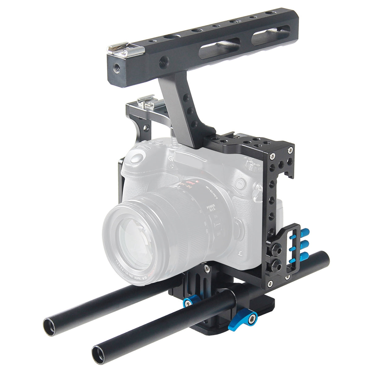 YELANGU A7 Aviation Aluminum Camera Cage Kit for GH4/A7S/A7/A7R/A72 Quick Release Plate Base Frame Cage with Top Handle Grip/Cold Shoe for Photography - Blue