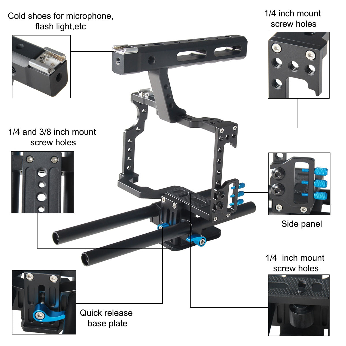YELANGU A7 Aviation Aluminum Camera Cage Kit for GH4/A7S/A7/A7R/A72 Quick Release Plate Base Frame Cage with Top Handle Grip/Cold Shoe for Photography - Blue