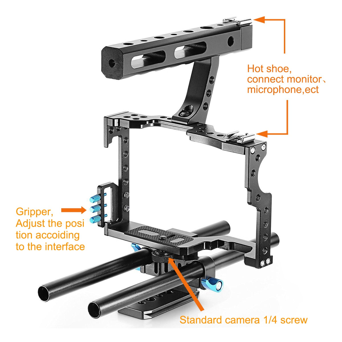 YELANGU A7 Aviation Aluminum Camera Cage Kit for GH4/A7S/A7/A7R/A72 Quick Release Plate Base Frame Cage with Top Handle Grip/Cold Shoe for Photography - Blue