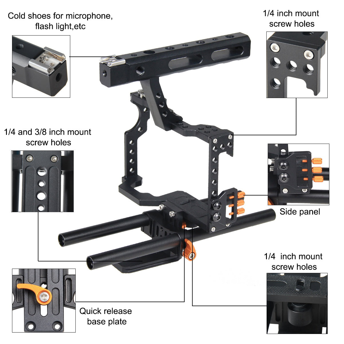 YELANGU A7 Aviation Aluminum Camera Cage Kit for GH4/A7S/A7/A7R/A72 Quick Release Plate Base Frame Cage with Top Handle Grip/Cold Shoe for Photography - Orange