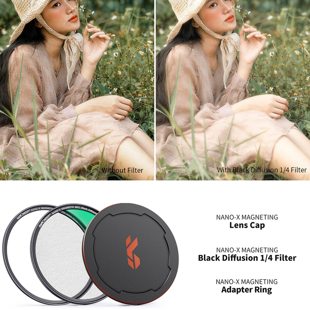 K&F CONCEPT SKU.1824 HD Clear Waterproof 82mm Magnetic Black Soft Diffusion 1 / 4 Filter+Magnetic Adapter Ring+Lens Cap for Camera Lens
