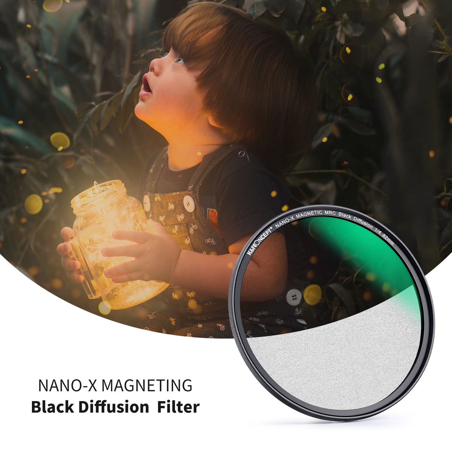 K&F CONCEPT SKU.1824 HD Clear Waterproof 82mm Magnetic Black Soft Diffusion 1 / 4 Filter+Magnetic Adapter Ring+Lens Cap for Camera Lens