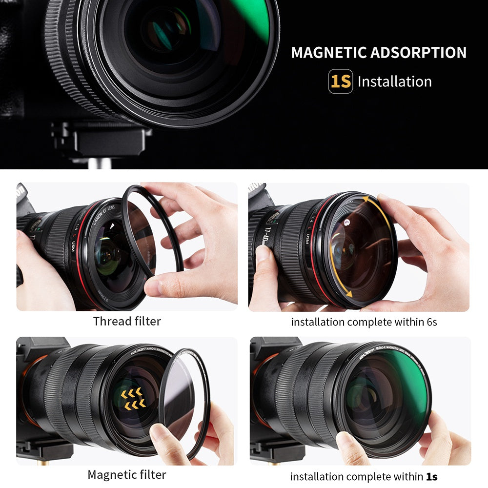 K&F CONCEPT SKU.1824 HD Clear Waterproof 82mm Magnetic Black Soft Diffusion 1 / 4 Filter+Magnetic Adapter Ring+Lens Cap for Camera Lens