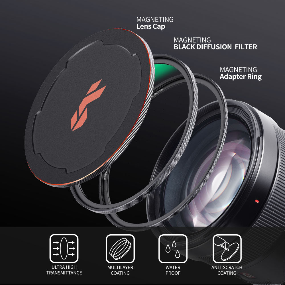 K&F CONCEPT SKU.1824 HD Clear Waterproof 82mm Magnetic Black Soft Diffusion 1 / 8 Filter+Magnetic Adapter Ring+Lens Cap for Camera Lens
