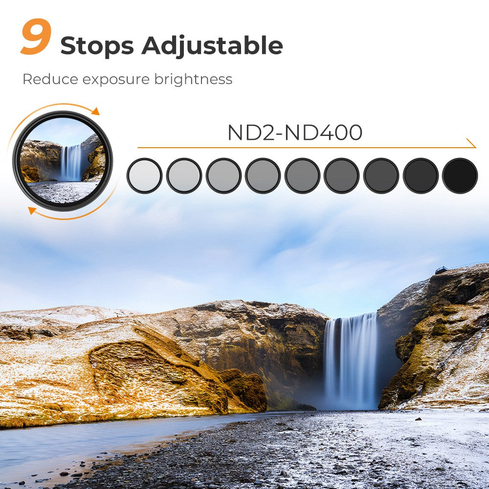 K&F CONCEPT KF01.1114 ND Filter 82mm Variable ND2-ND400 Ultra-Slim Neutral Density Optical Glass HD Camera Lens Filter with Cleaning Cloth