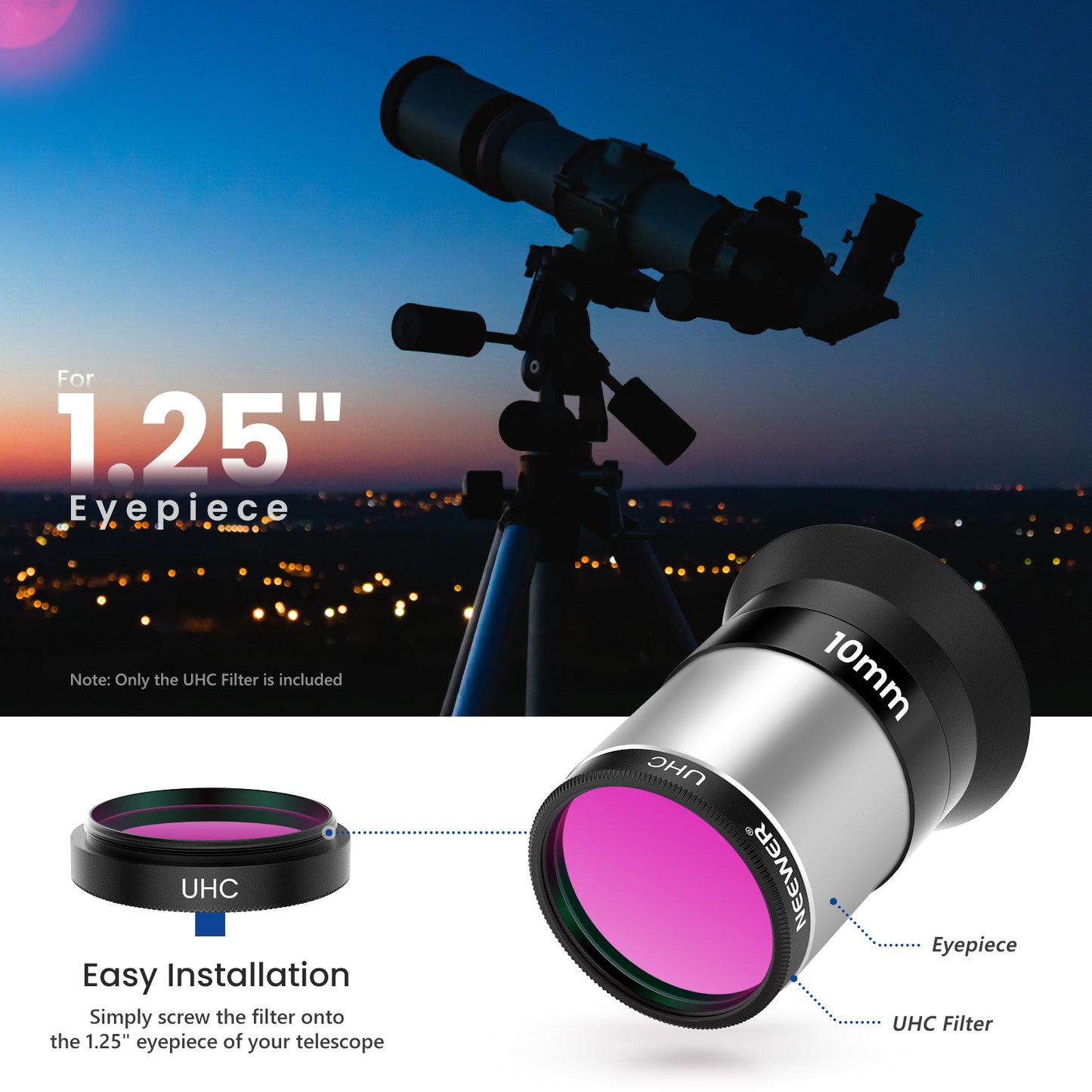 Uniqkart N-10 1.25 Inch UHC Filter Ultra High Contrast Filter Light Pollution Reduction Filter Astrophotography Improve Image Contrast