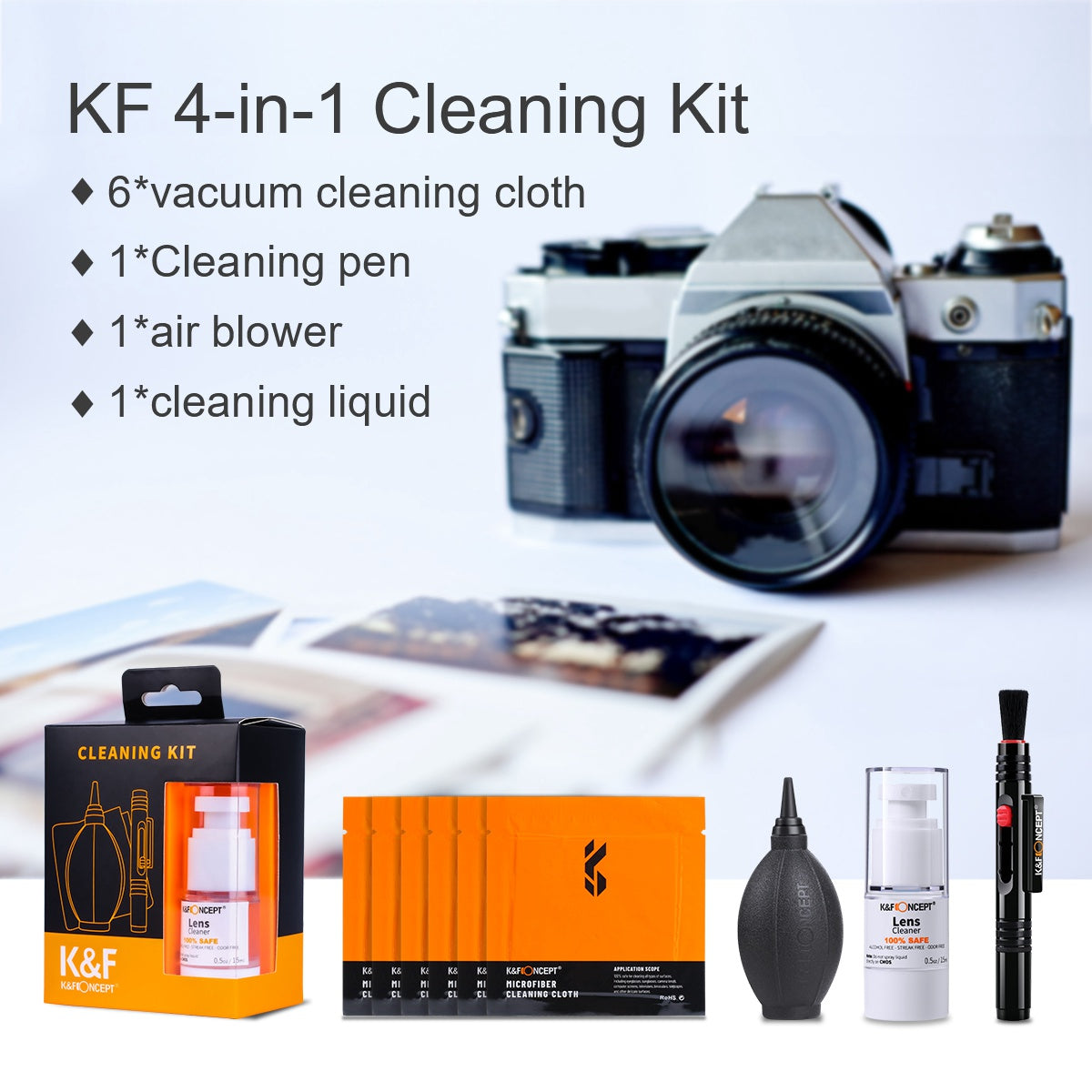 K&F CONCEPT 4-in-1 Camera Cleaning Kits with Air Blower+Cleaning Pen+Cleaning Cloth+Cleaning Liquid for Camera Lenses / Filters / Sensor / Screen