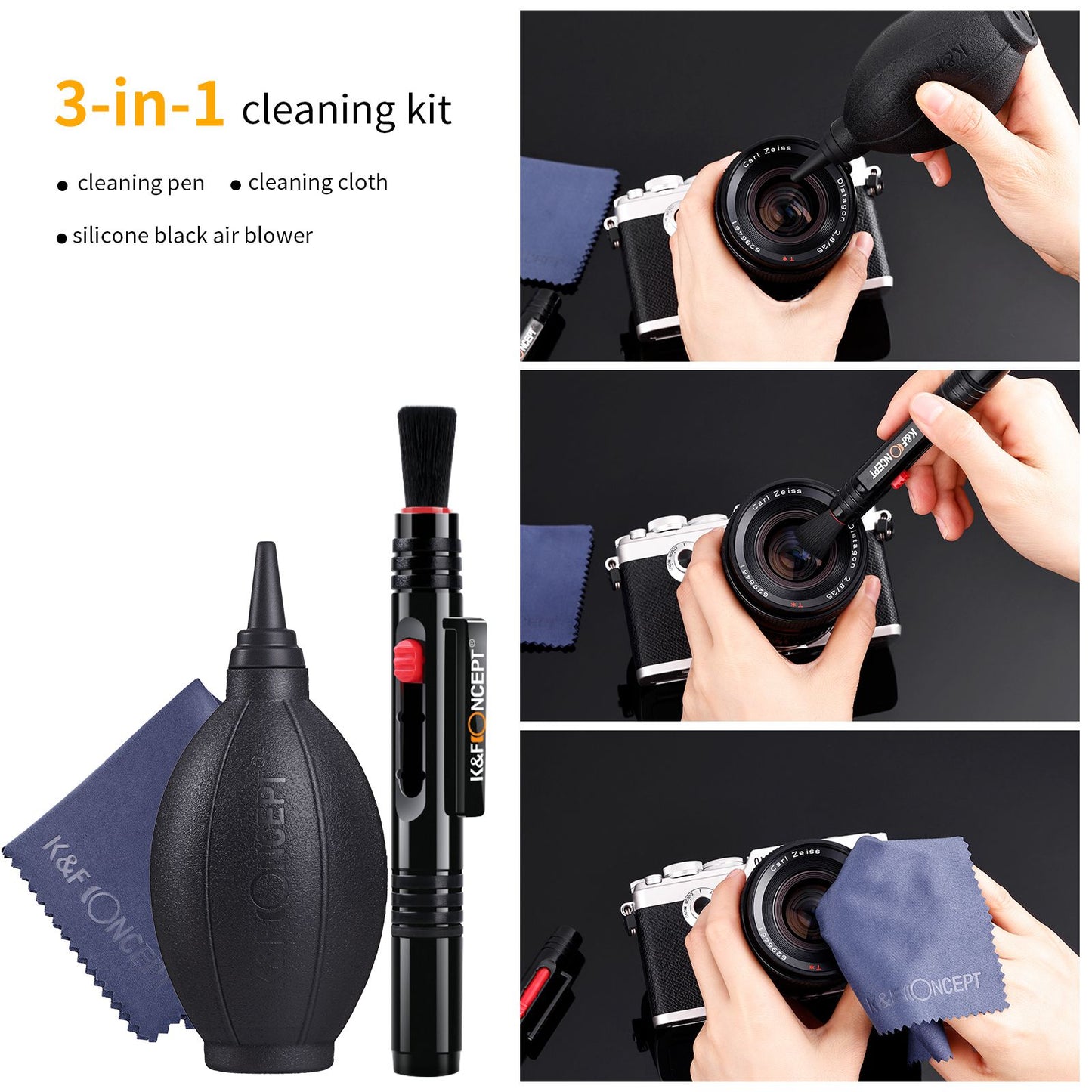 K&F CONCEPT 3-in-1 Camera Cleaning Kits with Air Blower+Cleaning Pen+Cleaning Cloth for Camera Lenses / Filters / Sensor / LCD Screen