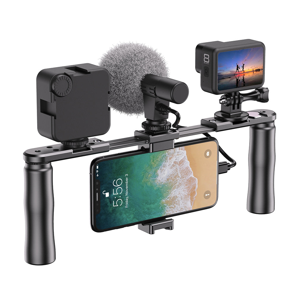 Apexel APL-VG02 Smartphone Video Rig Film Maker Two Grip Handle Stabilizer Kit Fit for LED Light Shotgun Microphone