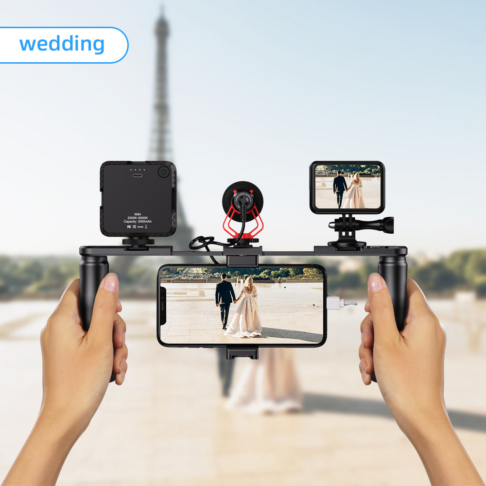 Apexel APL-VG02 Smartphone Video Rig Film Maker Two Grip Handle Stabilizer Kit Fit for LED Light Shotgun Microphone