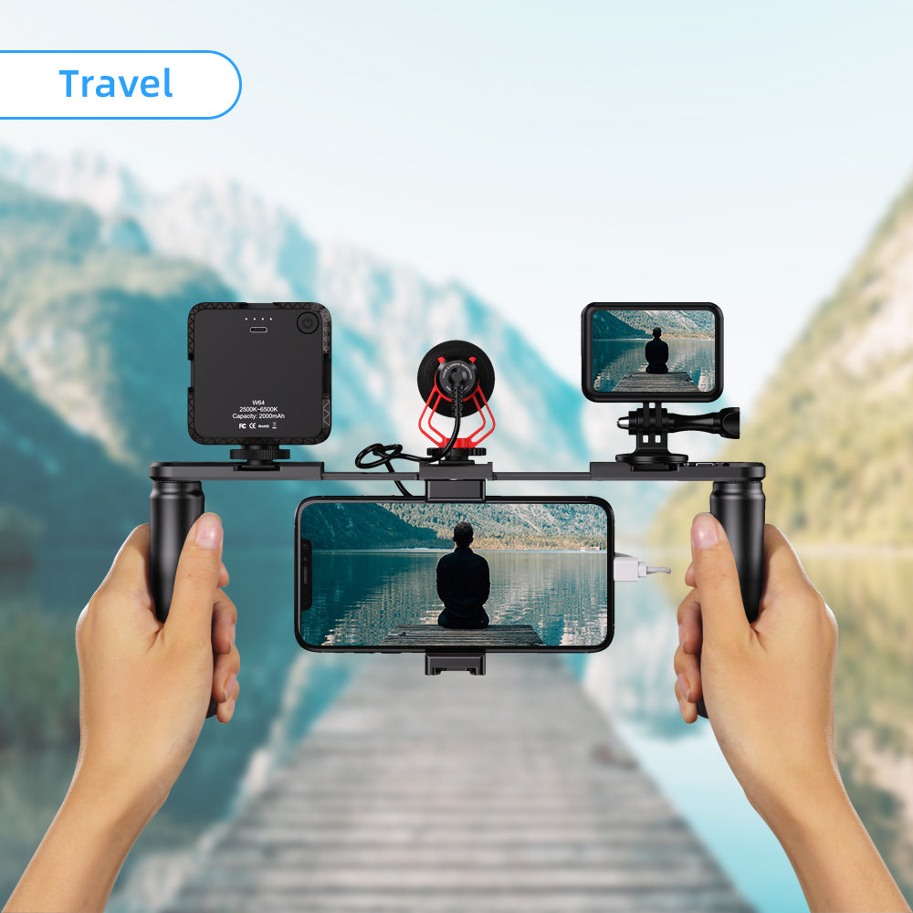 Apexel APL-VG02 Smartphone Video Rig Film Maker Two Grip Handle Stabilizer Kit Fit for LED Light Shotgun Microphone