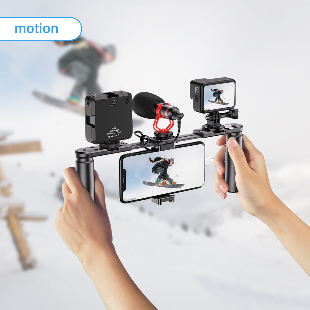 Apexel APL-VG02 Smartphone Video Rig Film Maker Two Grip Handle Stabilizer Kit Fit for LED Light Shotgun Microphone