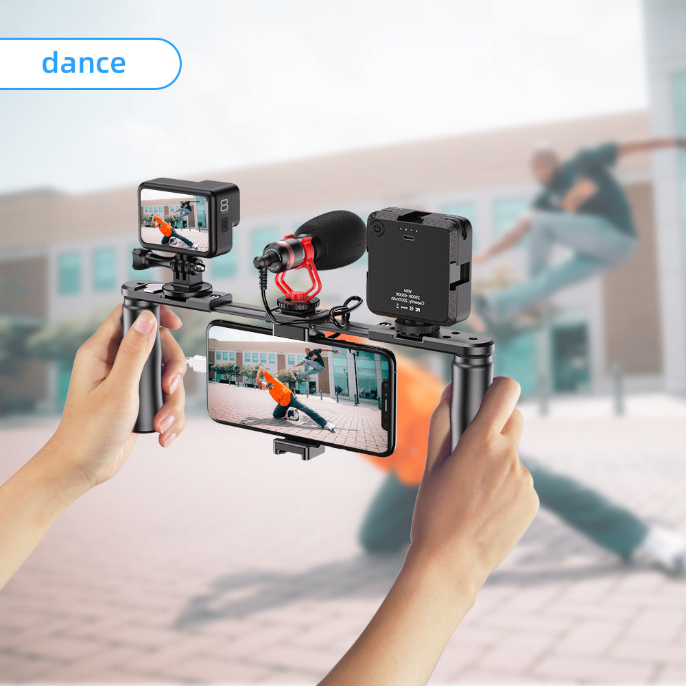 Apexel APL-VG02 Smartphone Video Rig Film Maker Two Grip Handle Stabilizer Kit Fit for LED Light Shotgun Microphone