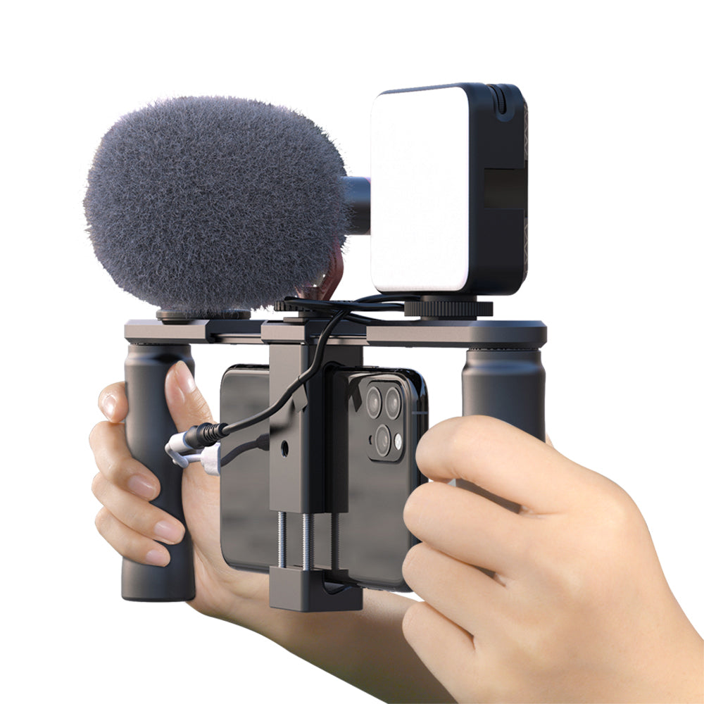 Apexel APL-VG02 Smartphone Video Rig Film Maker Two Grip Handle Stabilizer Kit Fit for LED Light Shotgun Microphone