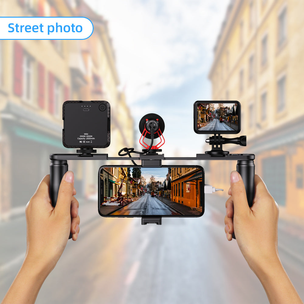 Apexel APL-VG02 Smartphone Video Rig Film Maker Two Grip Handle Stabilizer Kit Fit for LED Light Shotgun Microphone