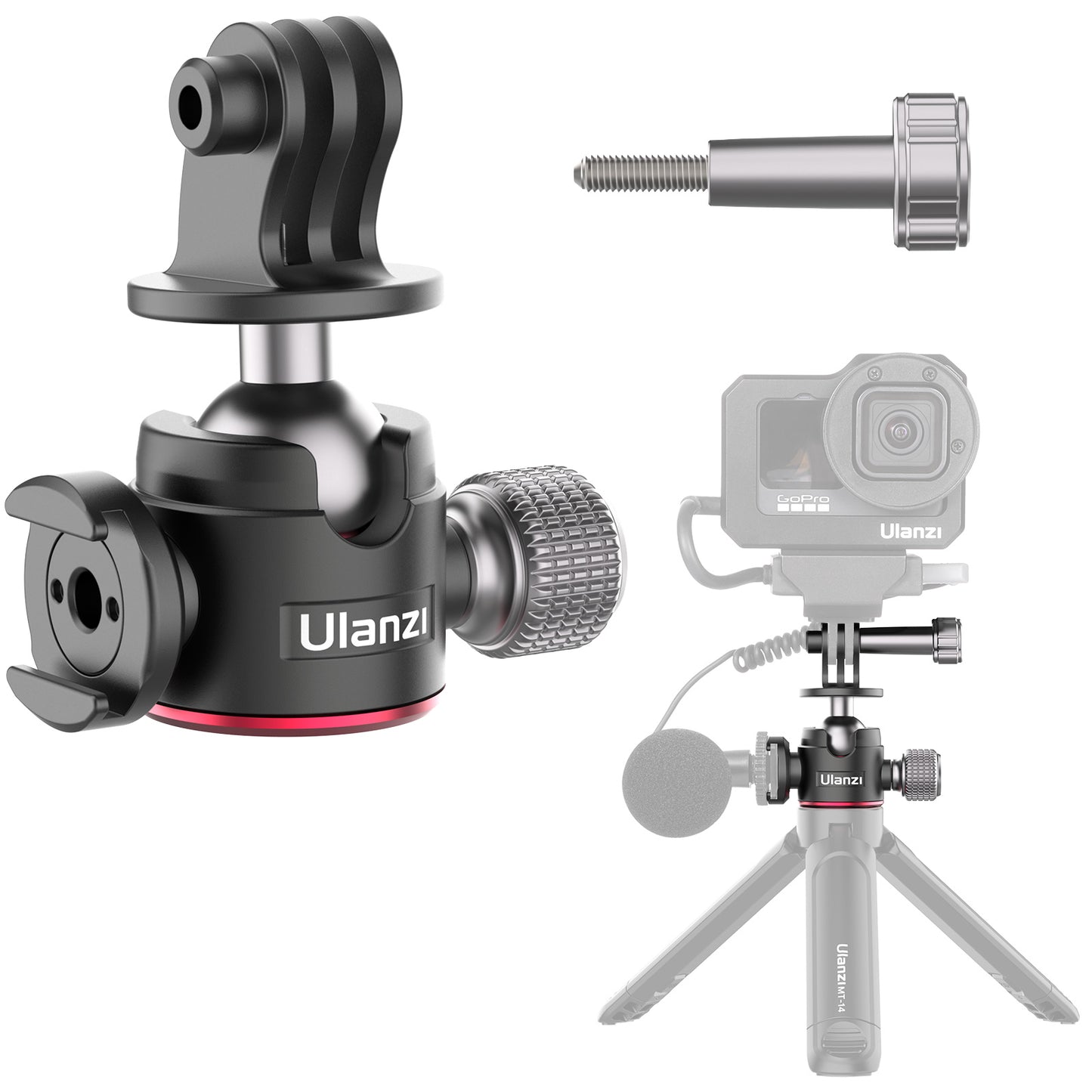 ULANZI U-130 Action Camera Ball Head with Cold Shoe 1/4" Screw Hole for Microphone Fill Light Tripod