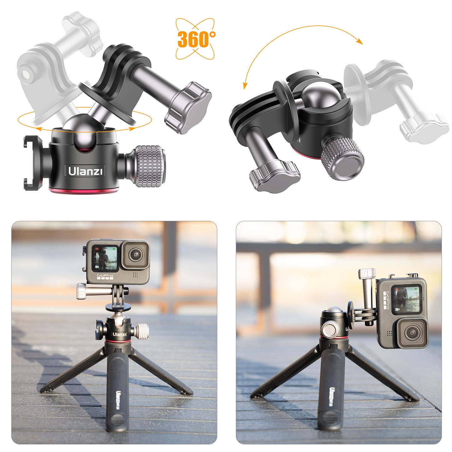 ULANZI U-130 Action Camera Ball Head with Cold Shoe 1/4" Screw Hole for Microphone Fill Light Tripod