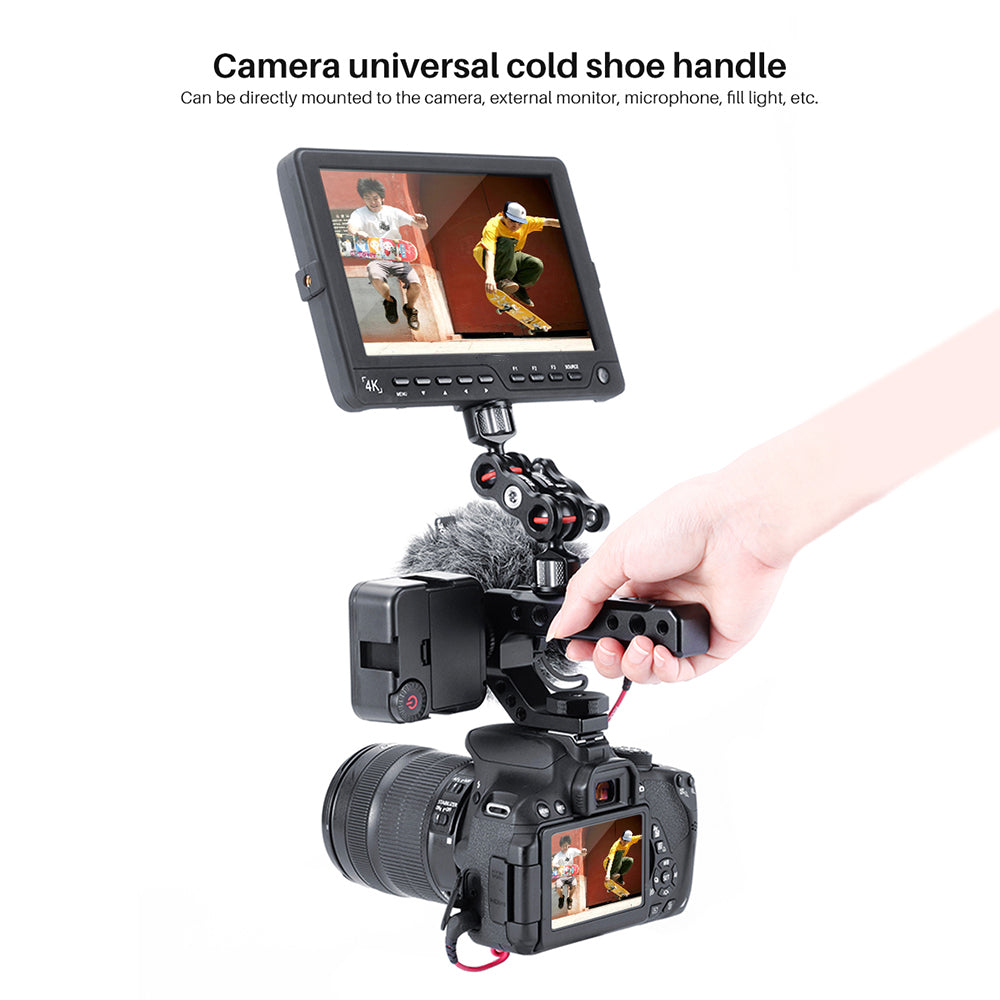Uniqkart R005 Camera Cold Shoe Handle with 1/4+3/8 Inch Screw 3 Cold Shoe for DSLR Cameras Microphone Mini LED light