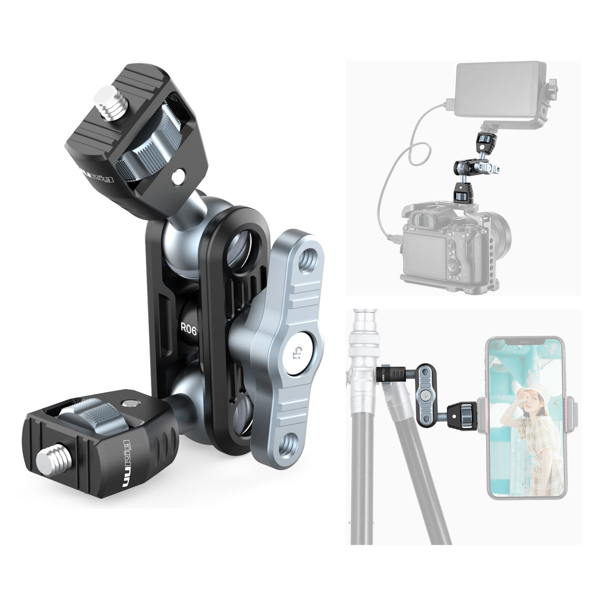 UURig R061 Magic Arm with Dual 1/4" Screw Tripod Mount Monitor Stand Fill Light Microphone Bracket Ballhead Gimbal Accessories