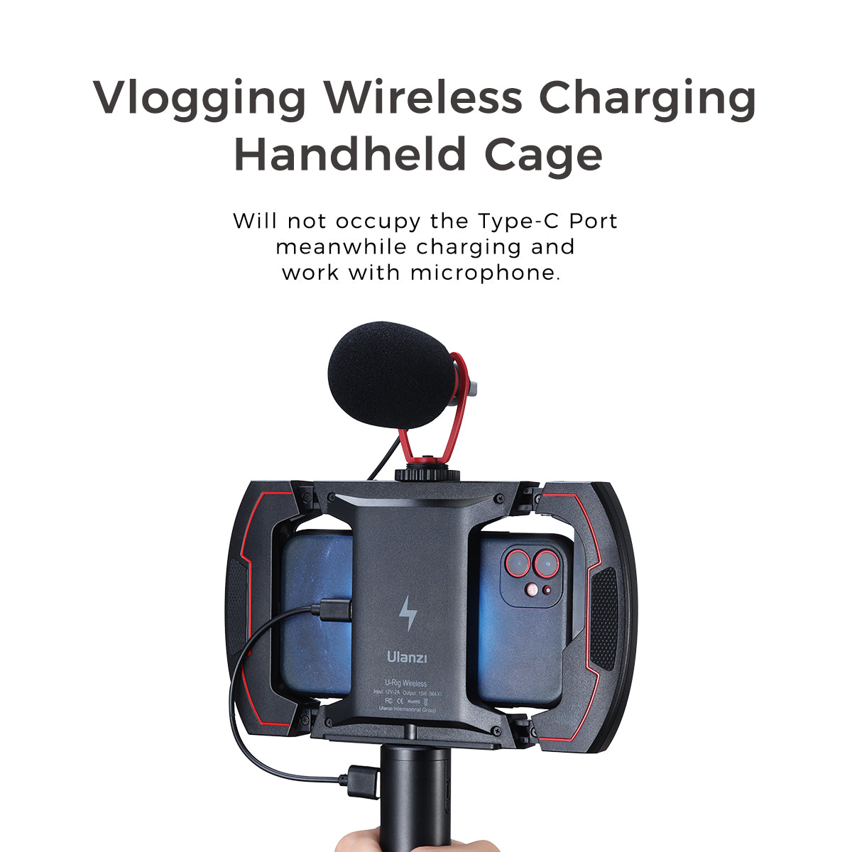 Uniqkart U-Rig Wireless Charging Handheld Vlogging Cage Smartphone Video Rig with 3 Cold Shoe Extension Port